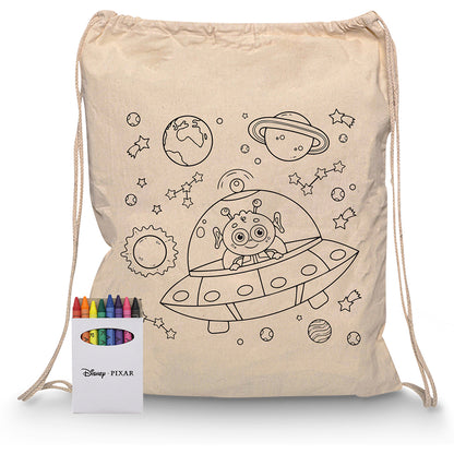 Squiggle Calico Drawstring Bag + Crayon set