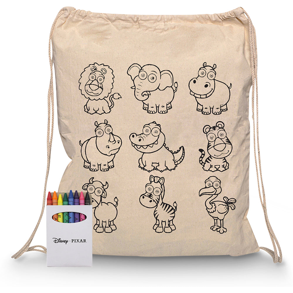 Squiggle Calico Drawstring Bag + Crayon set