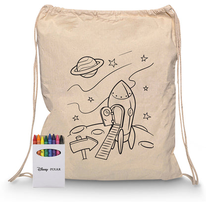 Squiggle Calico Drawstring Bag + Crayon set