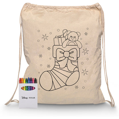 Squiggle Calico Drawstring Bag + Crayon set